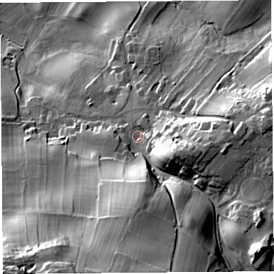 Shaded relief map of the ground around LA61DL, computed from Environment Agency LiDAR. The ground here sits at about 62 m above sea level and falls 80 m across the surrounding 800 m. Surface water reaching this point runs off ground lying to the south, 37.8 m higher.