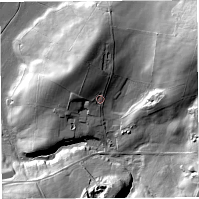 Shaded relief map of the ground around LA61DY, computed from Environment Agency LiDAR. The ground here sits at about 106 m above sea level and falls 58 m across the surrounding 800 m. Surface water reaching this point runs off ground lying to the north-west, 12.8 m higher.