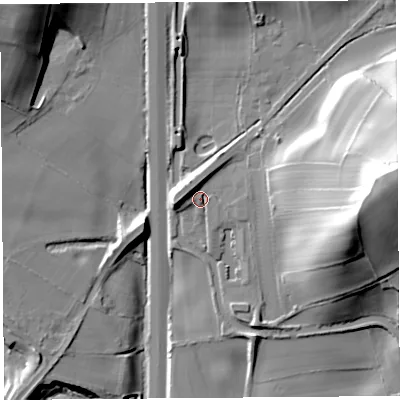 Shaded relief map of the ground around LA61JH, computed from Environment Agency LiDAR. The ground here sits at about 23 m above sea level and falls 47 m across the surrounding 800 m. Surface water reaching this point runs off ground lying to the east, 34.6 m higher.