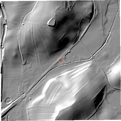 Shaded relief map of the ground around LA61JQ, computed from Environment Agency LiDAR. The ground here sits at about 26 m above sea level and falls 44 m across the surrounding 800 m. Surface water reaching this point runs off ground lying to the north, 38.1 m higher.