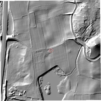 Shaded relief map of the ground around LA61JU, computed from Environment Agency LiDAR. The ground here sits at about 14 m above sea level and falls 28 m across the surrounding 800 m. Surface water reaching this point runs off ground lying to the north-east, 15.8 m higher.
