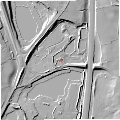 Shaded relief map of the ground around LA61JZ, computed from Environment Agency LiDAR. The ground here sits at about 12 m above sea level and falls 23 m across the surrounding 800 m. Surface water reaching this point runs off ground lying to the south-west, 5.0 m higher.