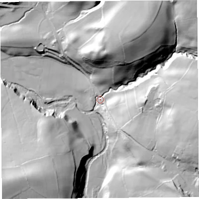 Shaded relief map of the ground around LA61PH, computed from Environment Agency LiDAR. The ground here sits at about 63 m above sea level and falls 68 m across the surrounding 800 m. Surface water reaching this point runs off ground lying to the north-east, 61.1 m higher.