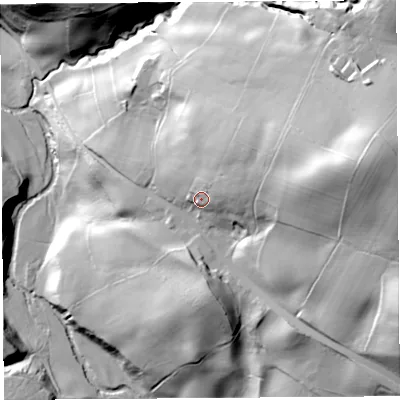 Shaded relief map of the ground around LA61PJ, computed from Environment Agency LiDAR. The ground here sits at about 101 m above sea level and falls 85 m across the surrounding 800 m. Surface water reaching this point runs off ground lying to the east-north-east, 31.9 m higher.