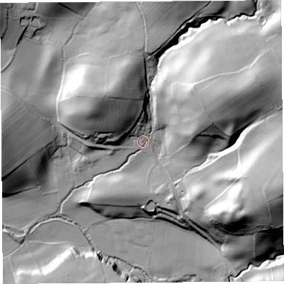 Shaded relief map of the ground around LA61PQ, computed from Environment Agency LiDAR. The ground here sits at about 64 m above sea level and falls 69 m across the surrounding 800 m. Surface water reaching this point runs off ground lying to the east-north-east, 51.8 m higher.