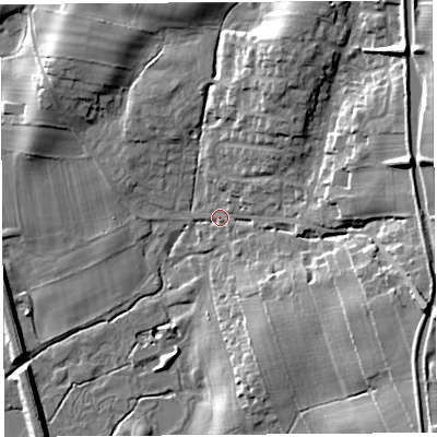 Shaded relief map of the ground around LA61PS, computed from Environment Agency LiDAR. The ground here sits at about 31 m above sea level and falls 23 m across the surrounding 800 m. Surface water reaching this point runs off ground lying to the east-south-east, 17.3 m higher.