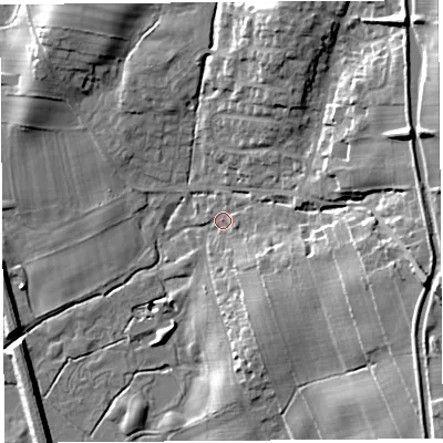 Shaded relief map of the ground around LA61PY, computed from Environment Agency LiDAR. The ground here sits at about 31 m above sea level and falls 24 m across the surrounding 800 m. Surface water reaching this point runs off ground lying to the east-south-east, 16.9 m higher.