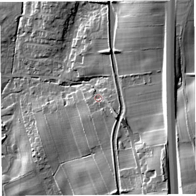 Shaded relief map of the ground around LA61QN, computed from Environment Agency LiDAR. The ground here sits at about 41 m above sea level and falls 34 m across the surrounding 800 m. Surface water reaching this point runs off ground lying to the south-east, 7.6 m higher.