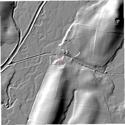 Shaded relief map of the ground around LA61RL, computed from Environment Agency LiDAR. The ground here sits at about 28 m above sea level and falls 25 m across the surrounding 800 m. Surface water reaching this point runs off ground lying to the south, 5.4 m higher.