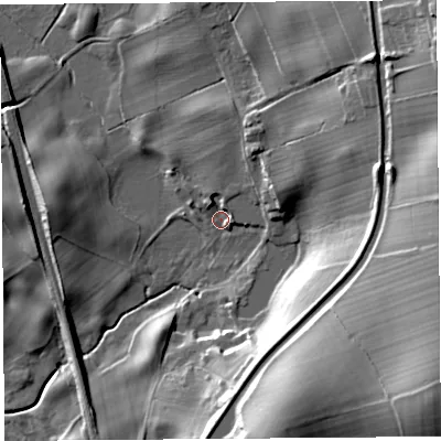 Shaded relief map of the ground around LA61RP, computed from Environment Agency LiDAR. The ground here sits at about 28 m above sea level and falls 38 m across the surrounding 800 m. Surface water reaching this point runs off ground lying to the north-east, 17.7 m higher.