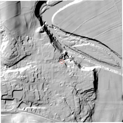 Shaded relief map of the ground around LA62AT, computed from Environment Agency LiDAR. The ground here sits at about 60 m above sea level and falls 45 m across the surrounding 800 m. Surface water reaching this point runs off ground lying to the west-south-west, 28.2 m higher.