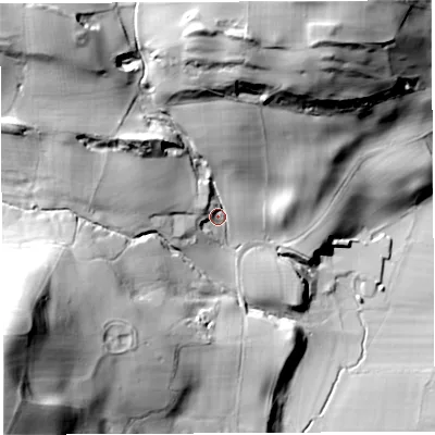 Shaded relief map of the ground around LA62DG, computed from Environment Agency LiDAR. The ground here sits at about 57 m above sea level and falls 75 m across the surrounding 800 m. Surface water reaching this point runs off ground lying to the north-west, 43.3 m higher.