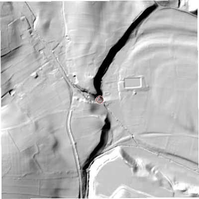 Shaded relief map of the ground around LA62DY, computed from Environment Agency LiDAR. The ground here sits at about 56 m above sea level and falls 60 m across the surrounding 800 m. Surface water reaching this point runs off ground lying to the west-south-west, 53.2 m higher.