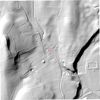 Shaded relief map of the ground around LA62EB, computed from Environment Agency LiDAR. The ground here sits at about 64 m above sea level and falls 69 m across the surrounding 800 m. Surface water reaching this point runs off ground lying to the west, 53.4 m higher.