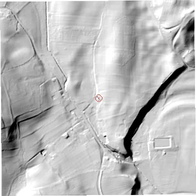 Shaded relief map of the ground around LA62ED, computed from Environment Agency LiDAR. The ground here sits at about 66 m above sea level and falls 63 m across the surrounding 800 m. Surface water reaching this point runs off ground lying to the north-north-east, 15.5 m higher.