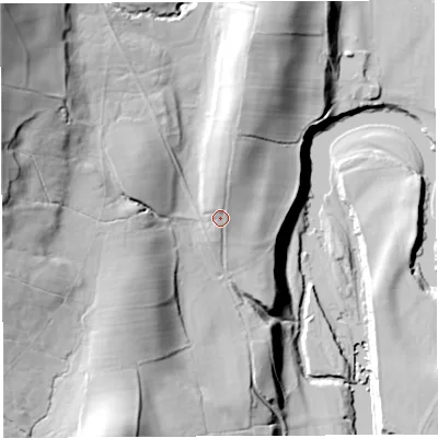 Shaded relief map of the ground around LA62ES, computed from Environment Agency LiDAR. The ground here sits at about 82 m above sea level and falls 76 m across the surrounding 800 m. Surface water reaching this point runs off ground lying to the north, 4.8 m higher.