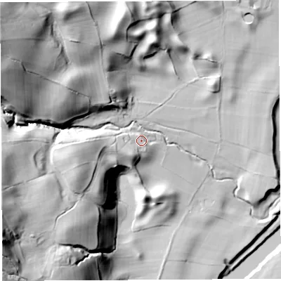 Shaded relief map of the ground around LA62EY, computed from Environment Agency LiDAR. The ground here sits at about 87 m above sea level and falls 75 m across the surrounding 800 m. Surface water reaching this point runs off ground lying to the west-south-west, 9.8 m higher.