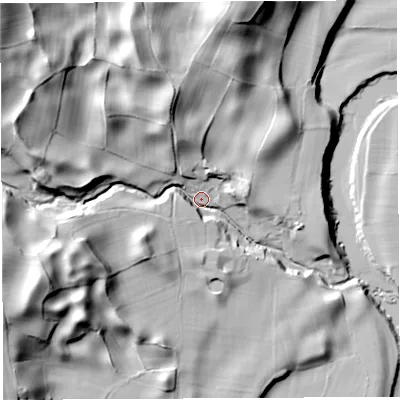 Shaded relief map of the ground around LA62EZ, computed from Environment Agency LiDAR. The ground here sits at about 80 m above sea level and falls 54 m across the surrounding 800 m. Surface water reaching this point runs off ground lying to the north-west, 44.4 m higher.