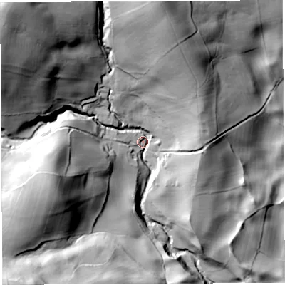 Shaded relief map of the ground around LA62HA, computed from Environment Agency LiDAR. The ground here sits at about 111 m above sea level and falls 99 m across the surrounding 800 m. Surface water reaching this point runs off ground lying to the north-west, 81.5 m higher.