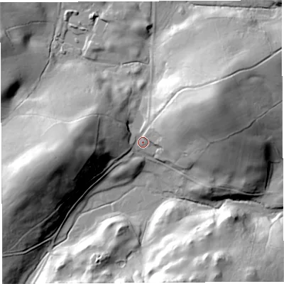 Shaded relief map of the ground around LA62HB, computed from Environment Agency LiDAR. The ground here sits at about 177 m above sea level and falls 48 m across the surrounding 800 m. Surface water reaching this point runs off ground lying to the north-east, 12.9 m higher.