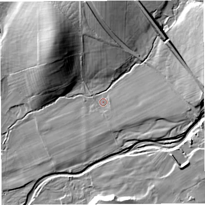 Shaded relief map of the ground around LA62HR, computed from Environment Agency LiDAR. The ground here sits at about 76 m above sea level and falls 32 m across the surrounding 800 m. Surface water reaching this point runs off ground lying to the east, 8.4 m higher.