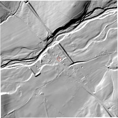 Shaded relief map of the ground around LA62HS, computed from Environment Agency LiDAR. The ground here sits at about 85 m above sea level and falls 35 m across the surrounding 800 m. Surface water reaching this point runs off ground lying to the east, 13.3 m higher.