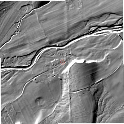 Shaded relief map of the ground around LA62HT, computed from Environment Agency LiDAR. The ground here sits at about 71 m above sea level and falls 25 m across the surrounding 800 m. Surface water reaching this point runs off ground lying to the east, 12.8 m higher.