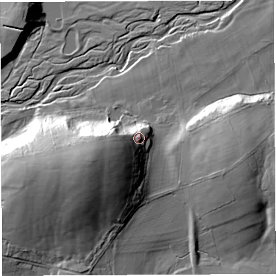 Shaded relief map of the ground around LA62HU, computed from Environment Agency LiDAR. The ground here sits at about 56 m above sea level and falls 27 m across the surrounding 800 m. Surface water reaching this point runs off ground lying to the west-south-west, 12.4 m higher.