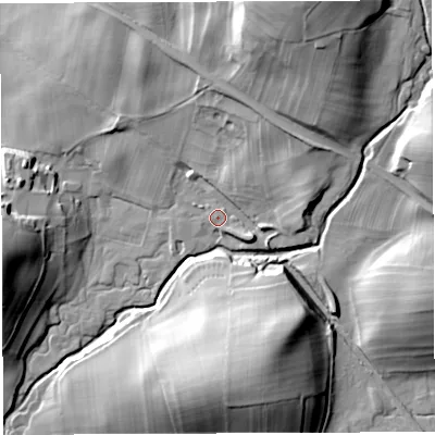 Shaded relief map of the ground around LA62JH, computed from Environment Agency LiDAR. The ground here sits at about 109 m above sea level and falls 47 m across the surrounding 800 m. Surface water reaching this point runs off ground lying to the north-east, 12.5 m higher.