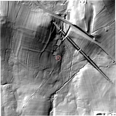 Shaded relief map of the ground around LA62JJ, computed from Environment Agency LiDAR. The ground here sits at about 93 m above sea level and falls 52 m across the surrounding 800 m. Surface water reaching this point runs off ground lying to the north-west, 18.1 m higher.