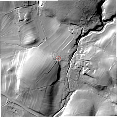 Shaded relief map of the ground around LA62JQ, computed from Environment Agency LiDAR. The ground here sits at about 131 m above sea level and falls 58 m across the surrounding 800 m. Surface water reaching this point runs off ground lying to the south-west, 9.9 m higher.