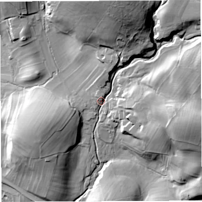 Shaded relief map of the ground around LA62JY, computed from Environment Agency LiDAR. The ground here sits at about 132 m above sea level and falls 56 m across the surrounding 800 m. Surface water reaching this point runs off ground lying to the north, 39.2 m higher.