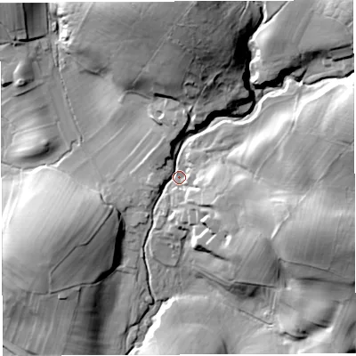 Shaded relief map of the ground around LA62JZ, computed from Environment Agency LiDAR. The ground here sits at about 133 m above sea level and falls 53 m across the surrounding 800 m. Surface water reaching this point runs off ground lying to the north, 39.8 m higher.