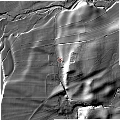 Shaded relief map of the ground around LA62LE, computed from Environment Agency LiDAR. The ground here sits at about 55 m above sea level and falls 25 m across the surrounding 800 m. Surface water reaching this point runs off ground lying to the east-north-east, 18.9 m higher.
