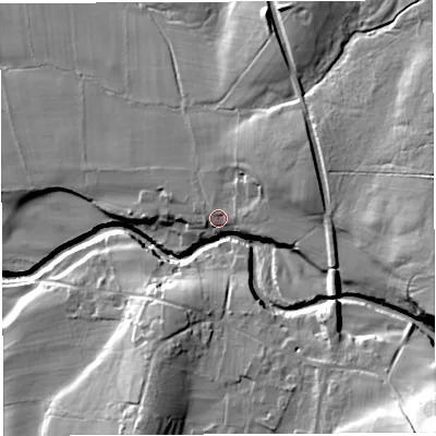 Shaded relief map of the ground around LA62LT, computed from Environment Agency LiDAR. The ground here sits at about 89 m above sea level and falls 44 m across the surrounding 800 m. Surface water reaching this point runs off ground lying to the north-north-west, 2.3 m higher.