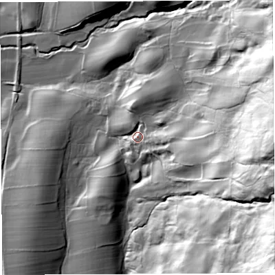 Shaded relief map of the ground around LA62LY, computed from Environment Agency LiDAR. The ground here sits at about 126 m above sea level and falls 134 m across the surrounding 800 m. Surface water reaching this point runs off ground lying to the east, 84.1 m higher.