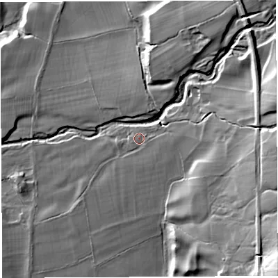 Shaded relief map of the ground around LA62NA, computed from Environment Agency LiDAR. The ground here sits at about 79 m above sea level and falls 42 m across the surrounding 800 m. Surface water reaching this point runs off ground lying to the east, 19.5 m higher.