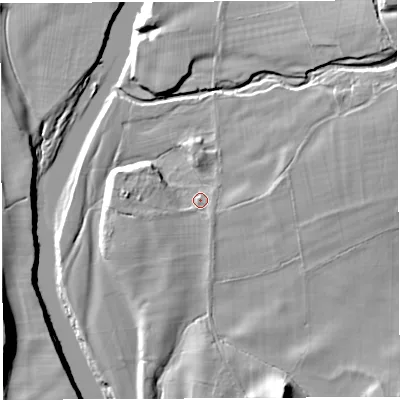 Shaded relief map of the ground around LA62NB, computed from Environment Agency LiDAR. The ground here sits at about 70 m above sea level and falls 22 m across the surrounding 800 m. Surface water reaching this point runs off ground lying to the south-south-east, 2.2 m higher.
