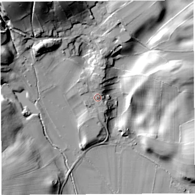 Shaded relief map of the ground around LA62NY, computed from Environment Agency LiDAR. The ground here sits at about 43 m above sea level and falls 40 m across the surrounding 800 m. Surface water reaching this point runs off ground lying to the north-west, 1.8 m higher.