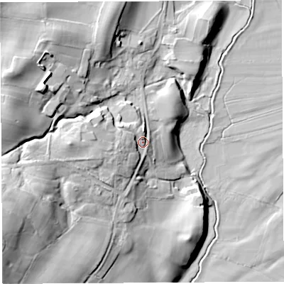 Shaded relief map of the ground around LA62NZ, computed from Environment Agency LiDAR. The ground here sits at about 44 m above sea level and falls 31 m across the surrounding 800 m. Surface water reaching this point runs off ground lying to the west-south-west, 9.2 m higher.