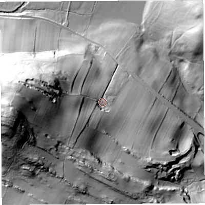 Shaded relief map of the ground around LA62PT, computed from Environment Agency LiDAR. The ground here sits at about 124 m above sea level and falls 84 m across the surrounding 800 m. Surface water reaching this point runs off ground lying to the west, 50.4 m higher.