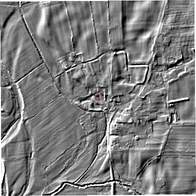 Shaded relief map of the ground around LA62QP, computed from Environment Agency LiDAR. The ground here sits at about 30 m above sea level and falls 7 m across the surrounding 800 m. Surface water reaching this point runs off ground lying to the north-north-east, 4.5 m higher.