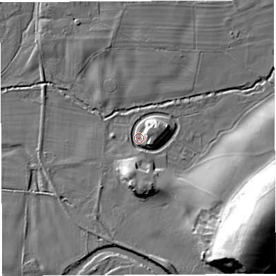 Shaded relief map of the ground around LA62QR, computed from Environment Agency LiDAR. The ground here sits at about 32 m above sea level and falls 31 m across the surrounding 800 m. Surface water reaching this point runs off ground lying to the south-east, 29.5 m higher.