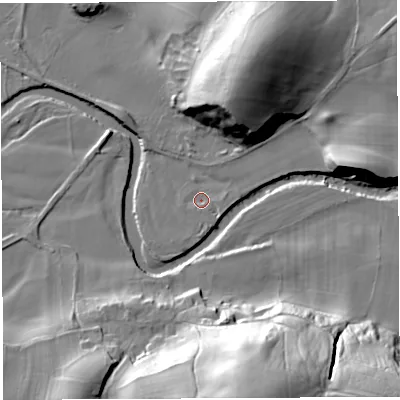 Shaded relief map of the ground around LA62QS, computed from Environment Agency LiDAR. The ground here sits at about 35 m above sea level and falls 44 m across the surrounding 800 m. Surface water reaching this point runs off ground lying to the south-east, 1.8 m higher.