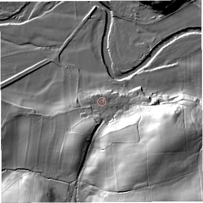 Shaded relief map of the ground around LA62QU, computed from Environment Agency LiDAR. The ground here sits at about 41 m above sea level and falls 52 m across the surrounding 800 m. Surface water reaching this point runs off ground lying to the east-south-east, 33.7 m higher.