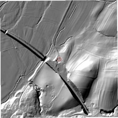 Shaded relief map of the ground around LA62QY, computed from Environment Agency LiDAR. The ground here sits at about 33 m above sea level and falls 50 m across the surrounding 800 m. Surface water reaching this point runs off ground lying to the south-east, 25.4 m higher.