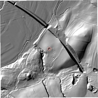 Shaded relief map of the ground around LA62QZ, computed from Environment Agency LiDAR. The ground here sits at about 38 m above sea level and falls 50 m across the surrounding 800 m. Surface water reaching this point runs off ground lying to the east-south-east, 16.0 m higher.