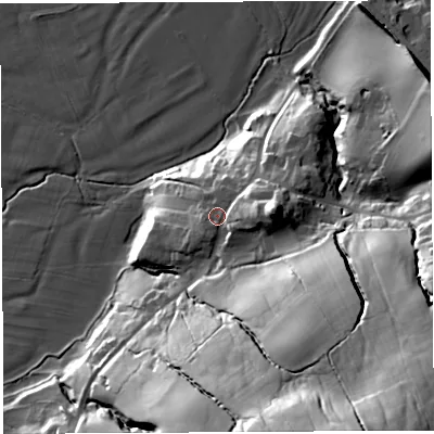 Shaded relief map of the ground around LA62RA, computed from Environment Agency LiDAR. The ground here sits at about 39 m above sea level and falls 60 m across the surrounding 800 m. Surface water reaching this point runs off ground lying to the east, 7.6 m higher.