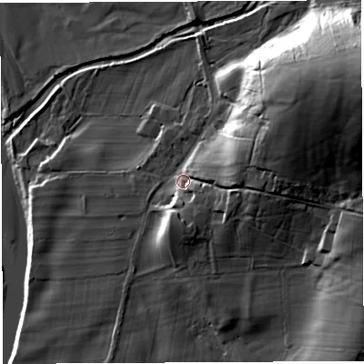 Shaded relief map of the ground around LA62RJ, computed from Environment Agency LiDAR. The ground here sits at about 40 m above sea level and falls 33 m across the surrounding 800 m. Surface water reaching this point runs off ground lying to the north-east, 22.4 m higher.