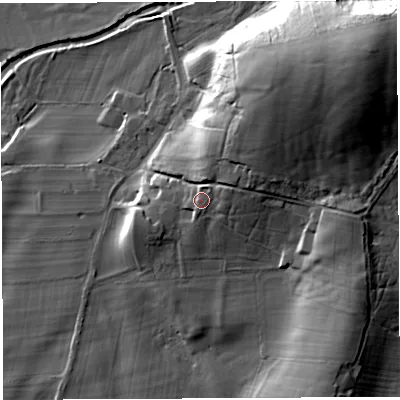 Shaded relief map of the ground around LA62RL, computed from Environment Agency LiDAR. The ground here sits at about 45 m above sea level and falls 33 m across the surrounding 800 m. Surface water reaching this point runs off ground lying to the east-north-east, 2.5 m higher.